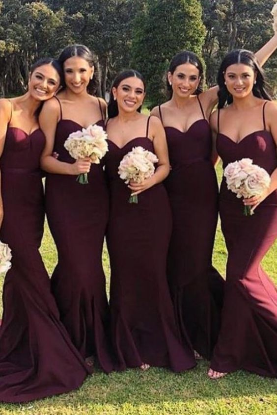 Burgundy Bridesmaid Dress 2021 Spaghetti Straps Mermaid Maxi Dress Satin