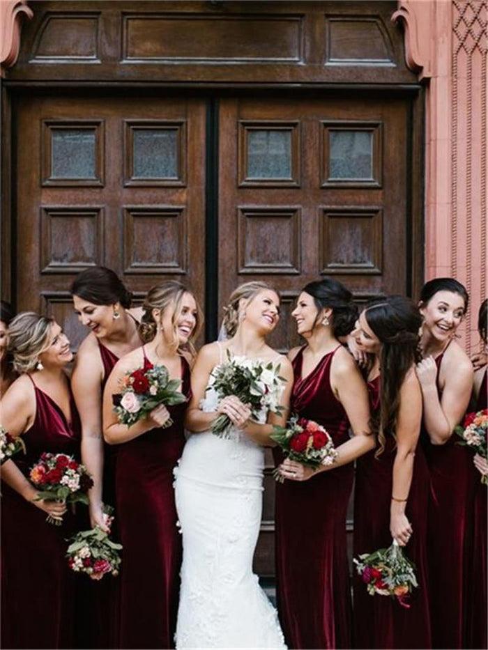 Burgundy Velvet Long Bridesmaid Dress 2020