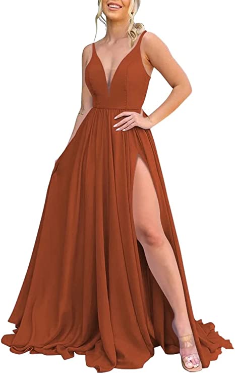 Burnt Orange Chiffon Bridesmaid Dresses Corset Back Adjustable Spaghetti Straps Maxi Dress with Slit
