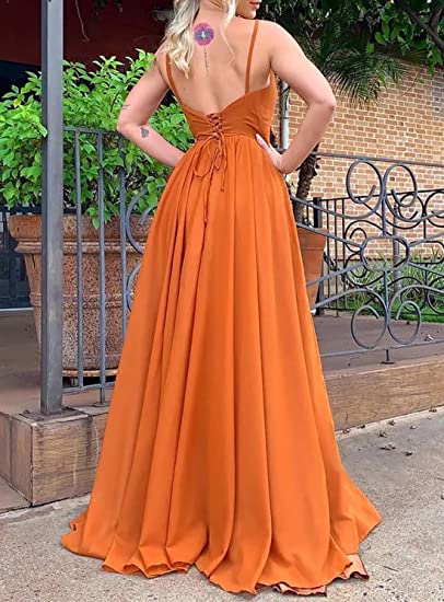 Burnt Orange Chiffon Bridesmaid Dresses Corset Back Adjustable Spaghetti Straps Maxi Dress with Slit