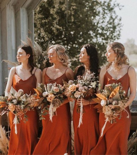 Burnt Orange Chiffon Long Bridesmaid Dress 2020 Sheath Spaghetti Straps