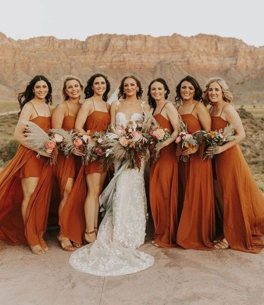 Burnt Orange Chiffon Long Bridesmaid Dress 2020 with Detachable Skirt