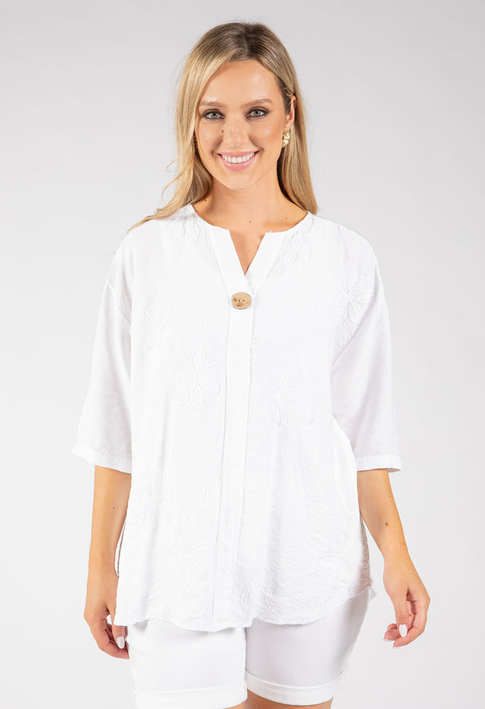 Button Detail Linen Look Blouse
