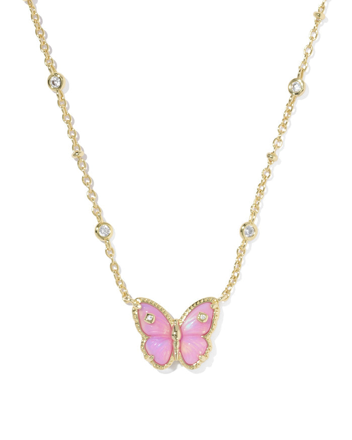 Cailey Butterfly Gold Short Pendant NecklacePink Opalescent Resin