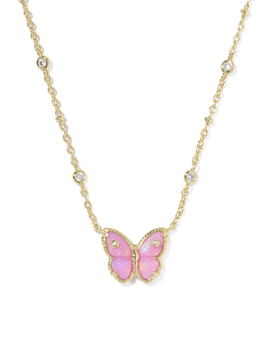 Cailey Butterfly Gold Short Pendant NecklacePink Opalescent Resin