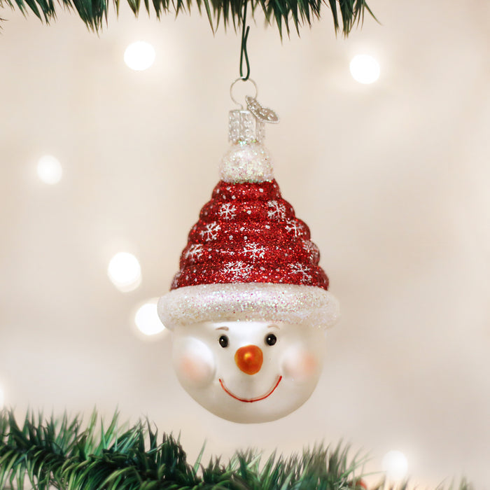 A Christmas tree ornament shaped like a smiling snowmanâ€™s face wearing a glittery red and white Santa hat, hanging from a green tree branch with blurred lights in the background.