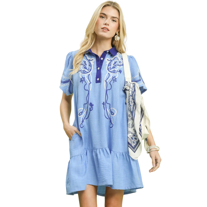 Chambray Bloom Embroidered Mini Dress