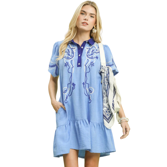 Chambray Bloom Embroidered Mini Dress