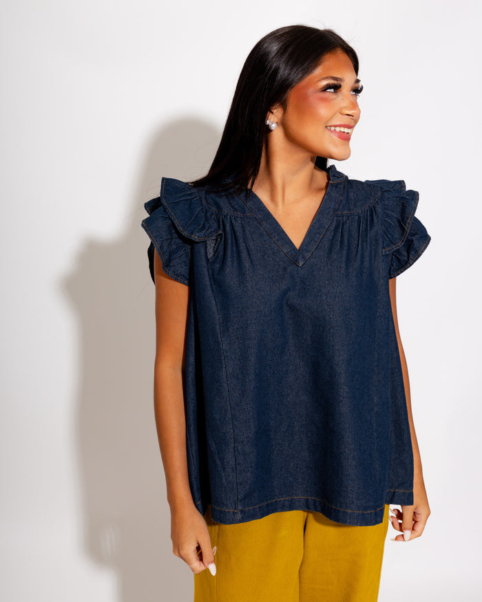 Chambray Ruffle Sleeve V-Neck Top