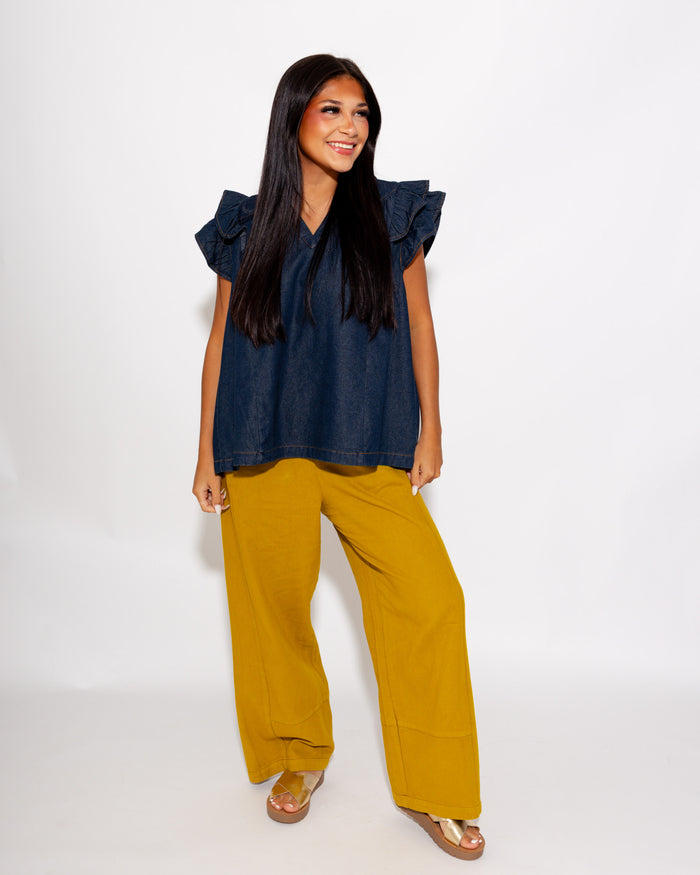 Chambray Ruffle Sleeve V-Neck Top