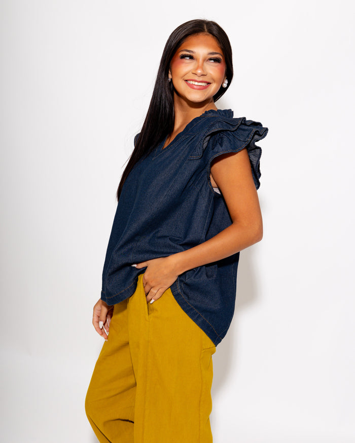 Chambray Ruffle Sleeve V-Neck Top