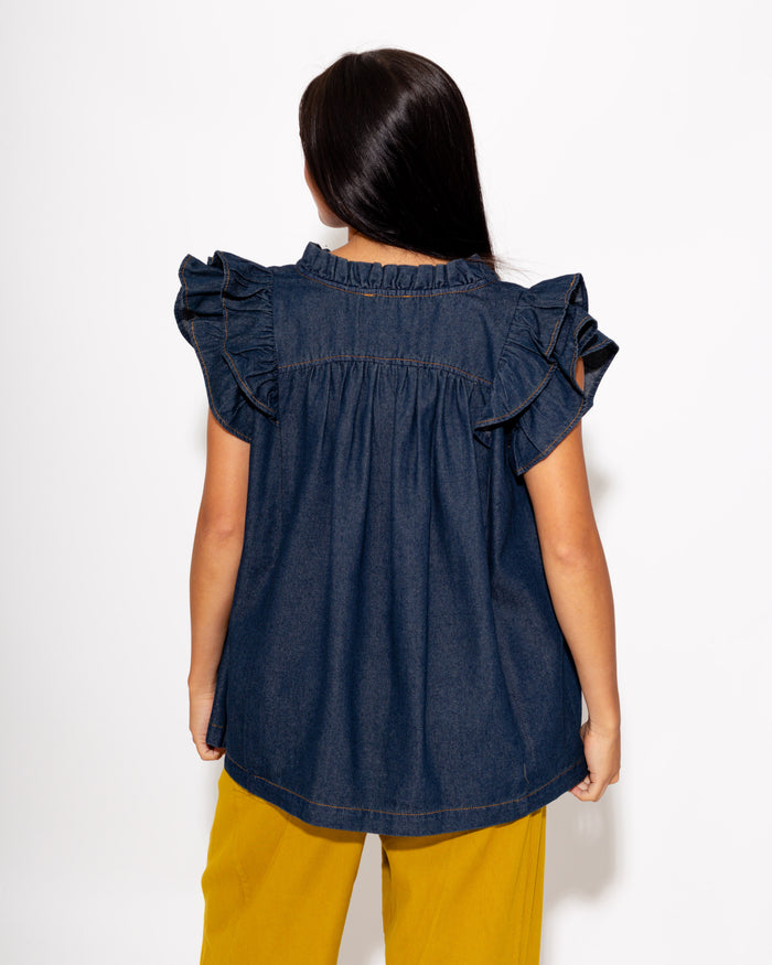 Chambray Ruffle Sleeve V-Neck Top