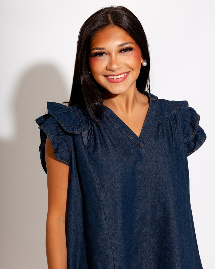 Chambray Ruffle Sleeve V-Neck Top