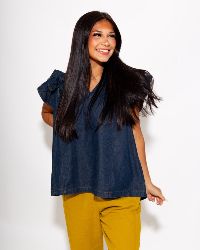 Chambray Ruffle Sleeve V-Neck Top