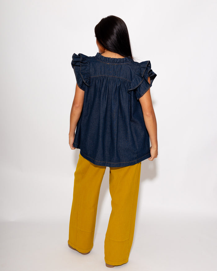 Chambray Ruffle Sleeve V-Neck Top