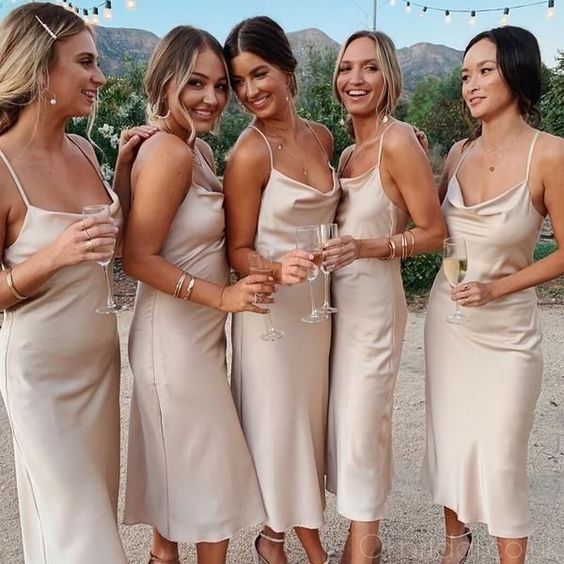 Champagne Bridesmaid Dress 2021 Cowl Neck Silk Slip Midi Dress