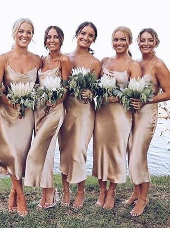 Champagne Bridesmaid Dress 2021 Cowl Neck Silk Slip Midi Dress