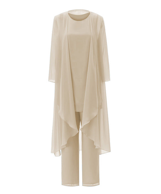 Champagne Chiffon Mother Of The Bride Dress 3 Pcs Pants Suit Plus Size