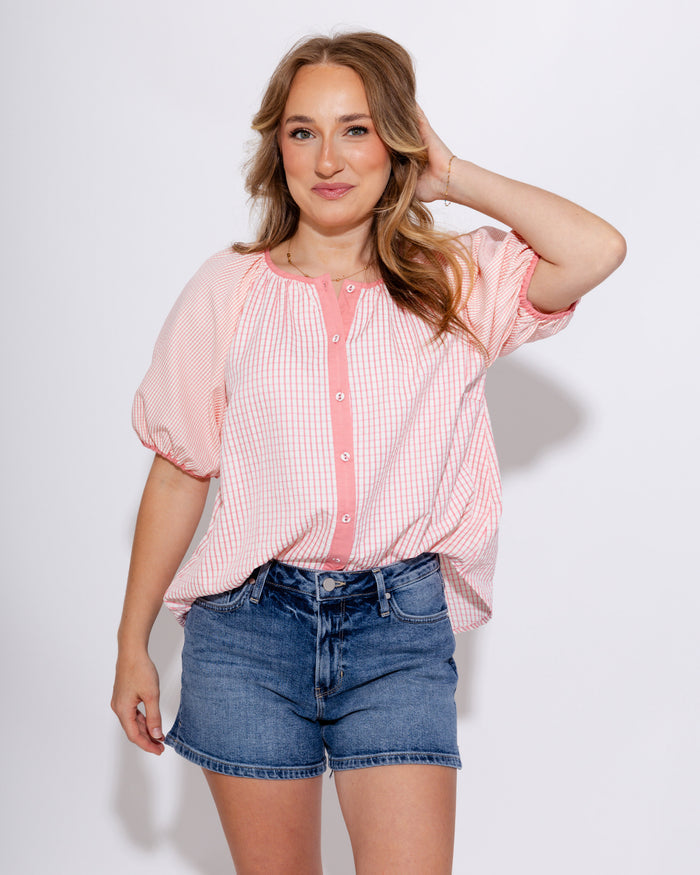 Checker Puff Sleeve Top in Pink