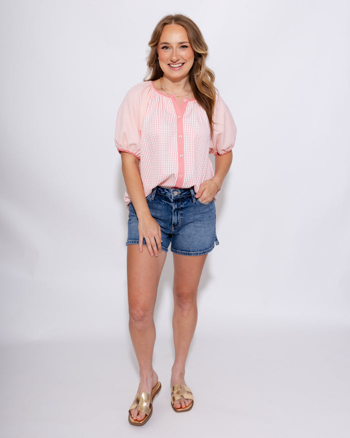 Checker Puff Sleeve Top in Pink