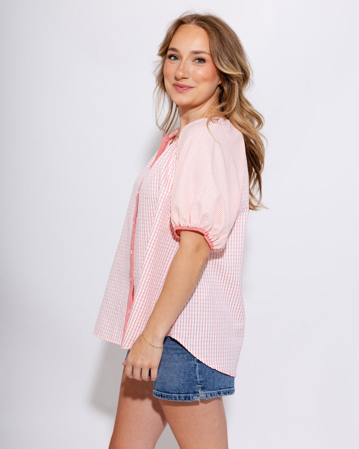 Checker Puff Sleeve Top in Pink