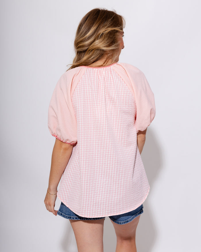 Checker Puff Sleeve Top in Pink