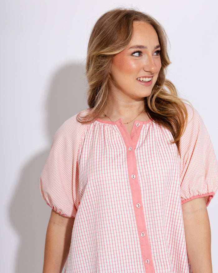 Checker Puff Sleeve Top in Pink