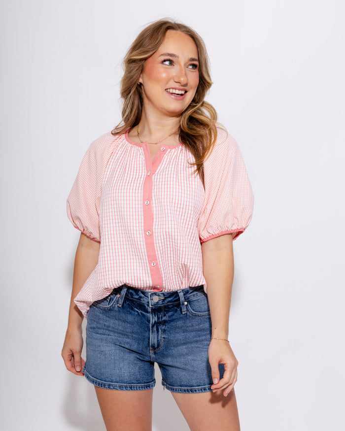 Checker Puff Sleeve Top in Pink