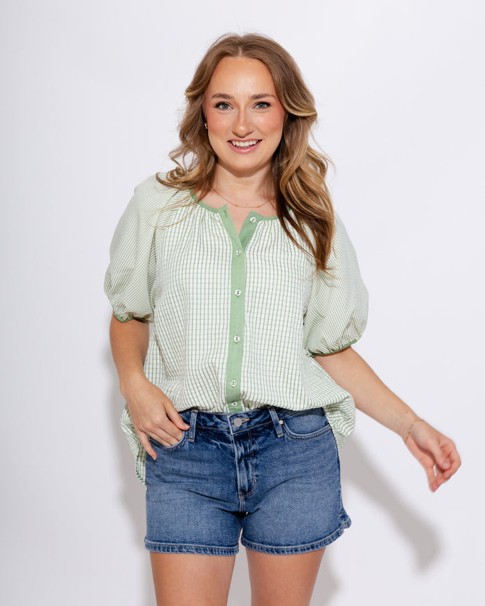 Checker Puff Sleeve Top in Sage
