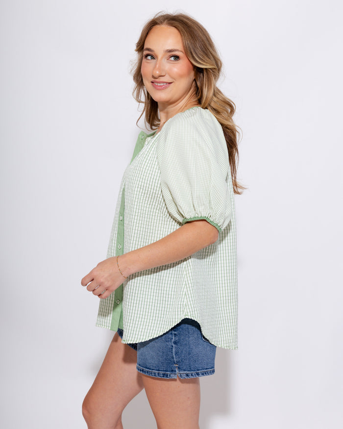Checker Puff Sleeve Top in Sage