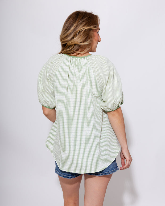 Checker Puff Sleeve Top in Sage