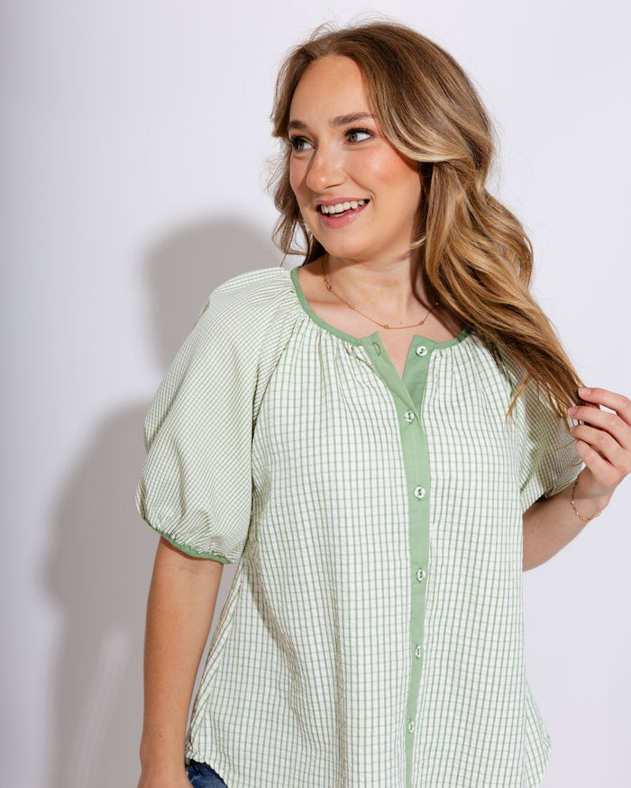 Checker Puff Sleeve Top in Sage