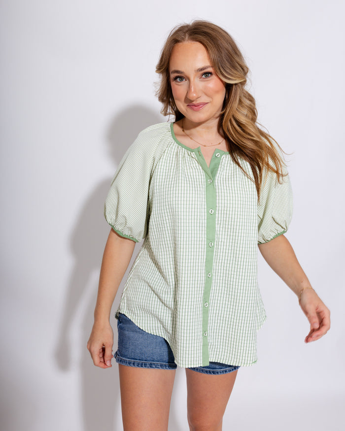 Checker Puff Sleeve Top in Sage