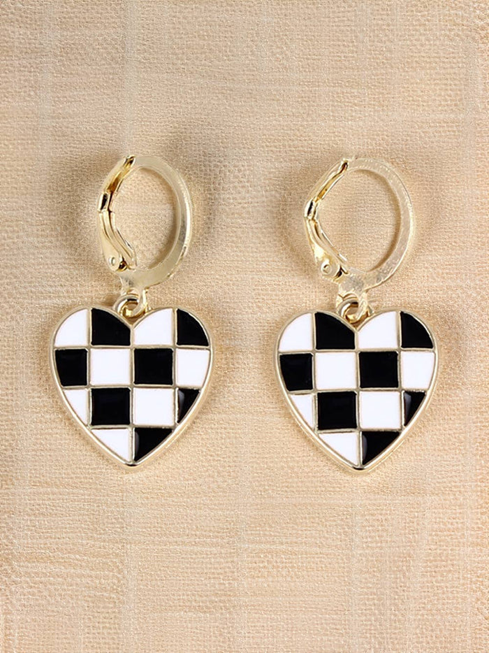 Checkered Heart Shape Hoop Dangle Earrings