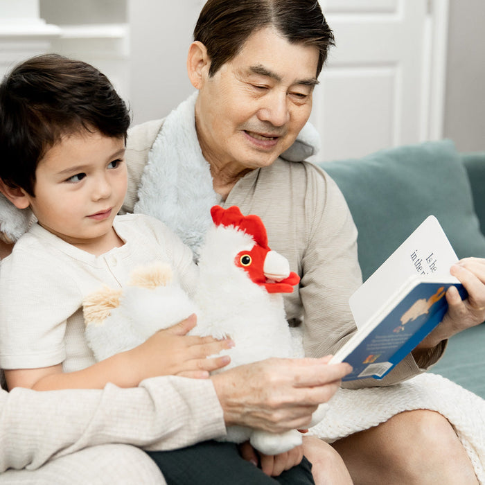 Grandpa and grandchild cuddling cute Weighted Lavender Scented Chicken Stuffed Animal Heating Pad Warmies