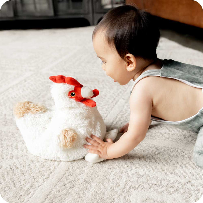 Baby playing with Soft Warm Weighted Chicken Plush Warmies