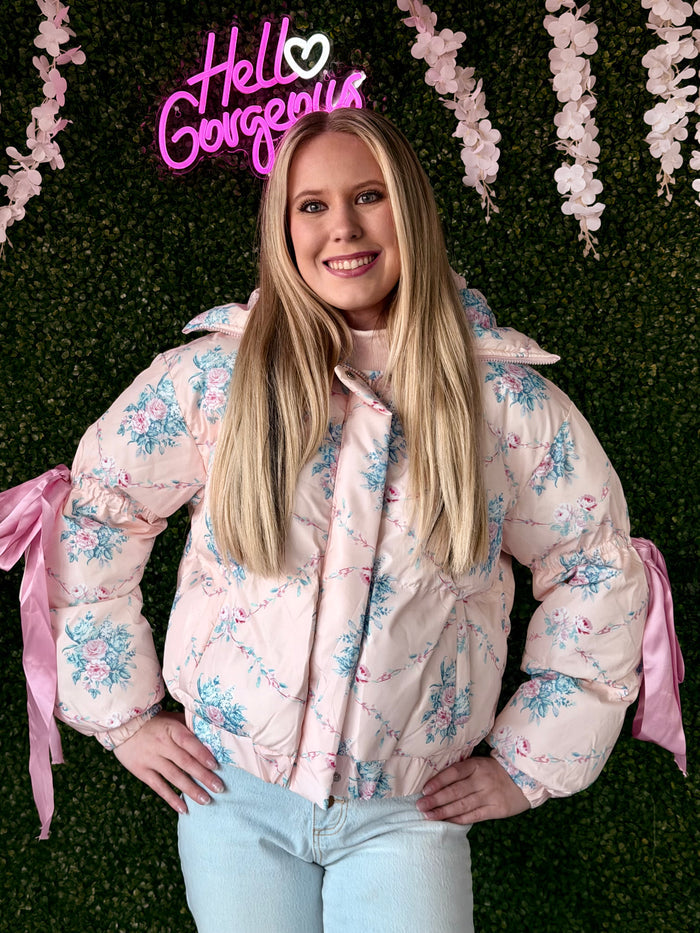 CJ6546-Floral Print Bow Knot Elbow String Puffer Jacket