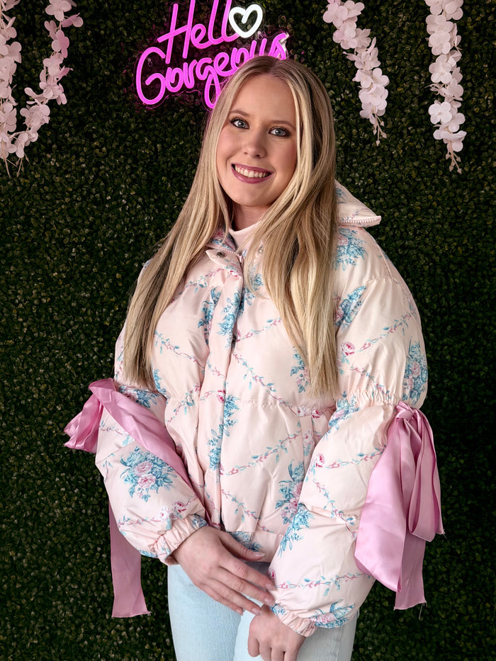 CJ6546-Floral Print Bow Knot Elbow String Puffer Jacket