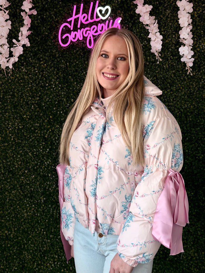 CJ6546-Floral Print Bow Knot Elbow String Puffer Jacket