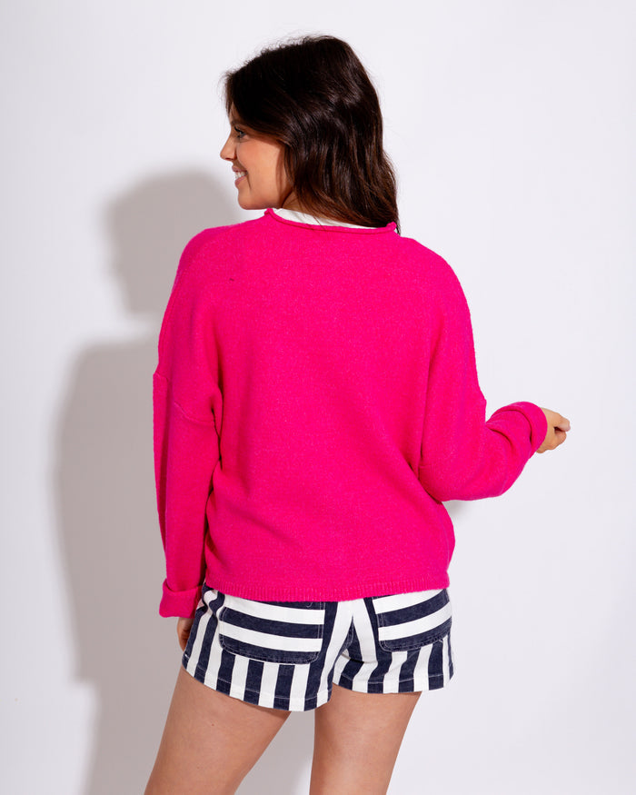 Classic Button Up Cardigan in Hot Pink