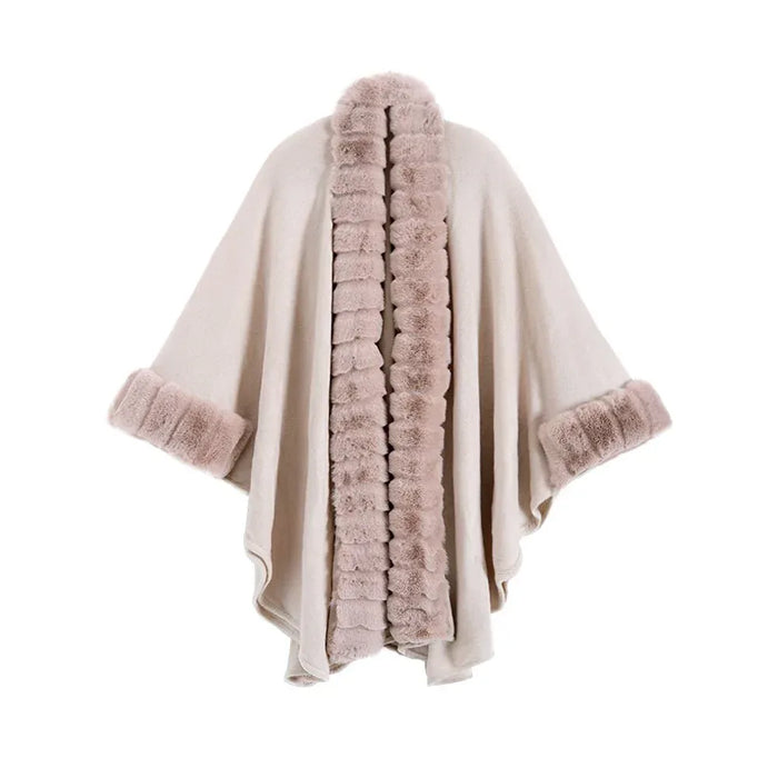 Classic Oversized Knit Coat With Artificial Rabbit Fur Collar - Elegant Pullover Cloak in Monochrome - Allen-Fitness