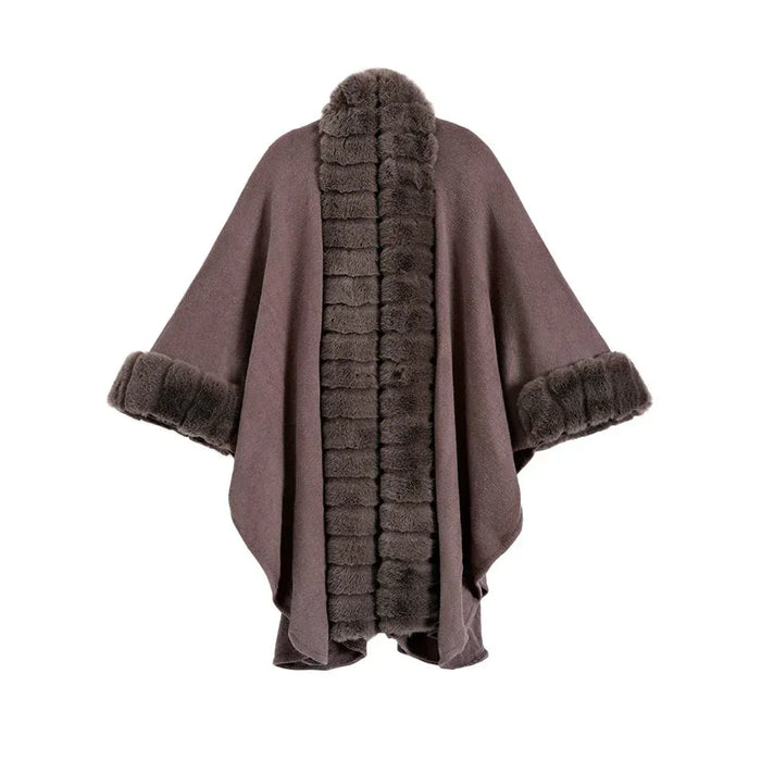 Classic Oversized Knit Coat With Artificial Rabbit Fur Collar - Elegant Pullover Cloak in Monochrome - Allen-Fitness