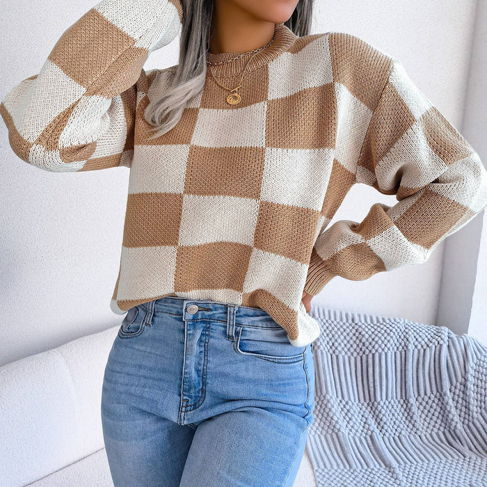 Colorblock Plaid Knit Sweater For Women