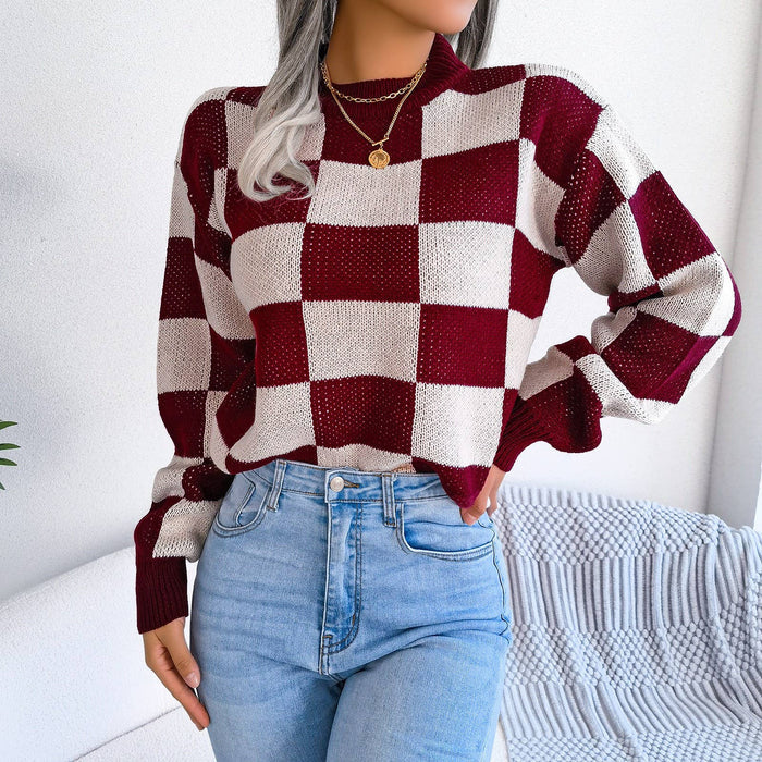 Colorblock Plaid Knit Sweater For Women