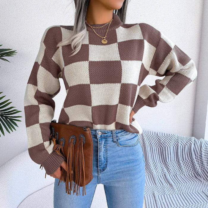 Colorblock Plaid Knit Sweater For Women