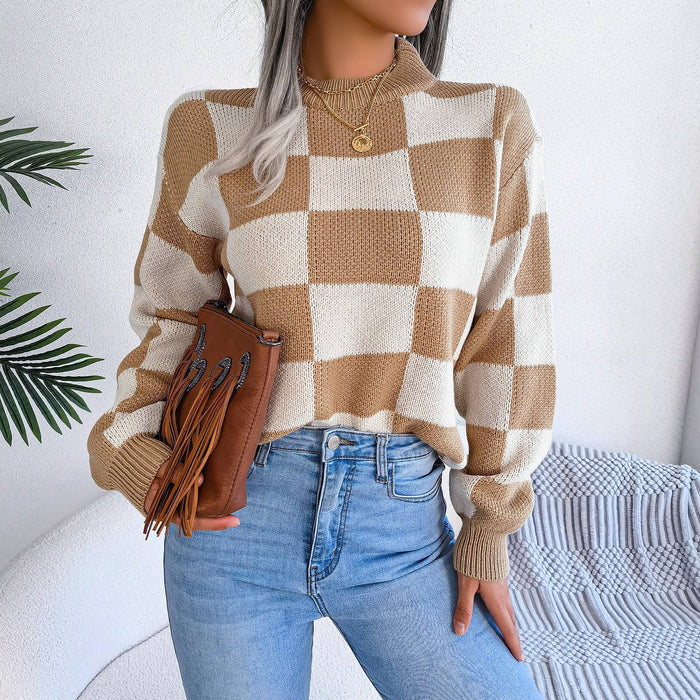 Colorblock Plaid Knit Sweater For Women