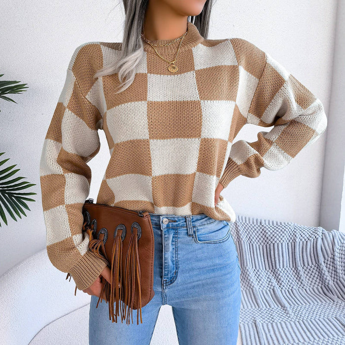 Colorblock Plaid Knit Sweater For Women