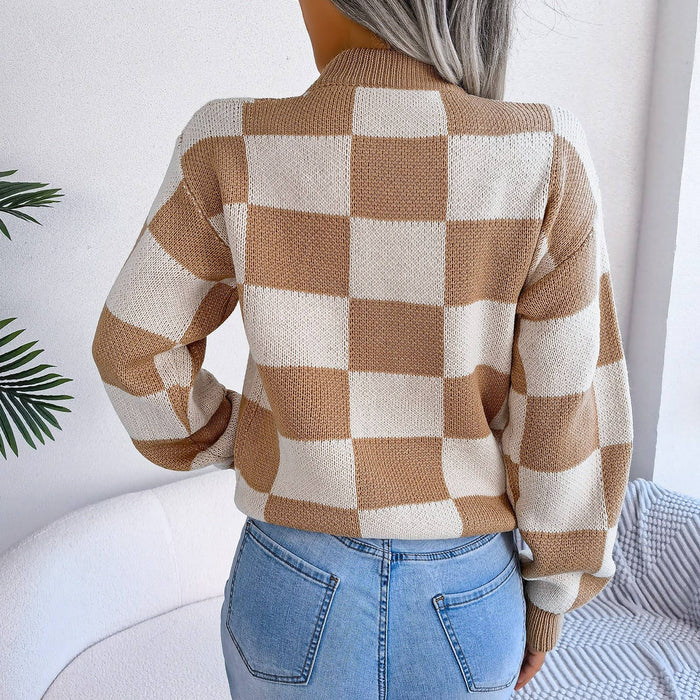 Colorblock Plaid Knit Sweater For Women