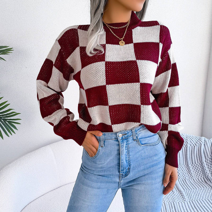 Colorblock Plaid Knit Sweater For Women