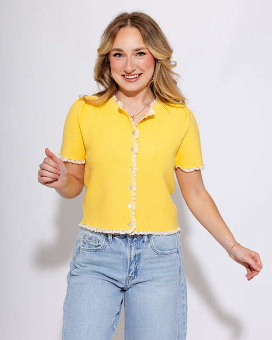 Contrast Trim Puff Sleeve Top in Lemon